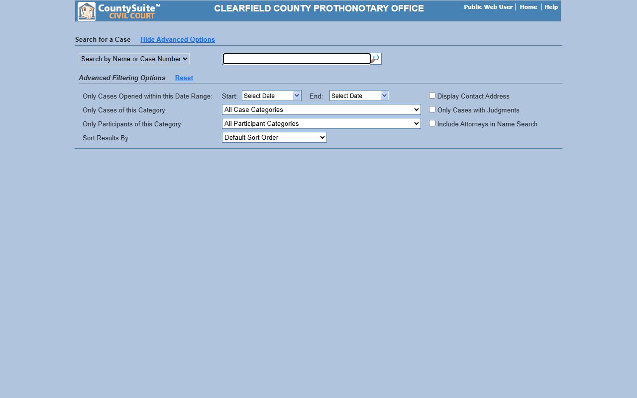 Clearfield County Prothonotary and Clerk of Courts civil case search portal