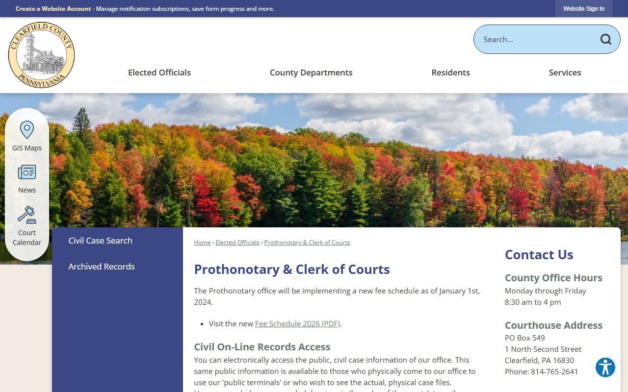 Clearfield County Prothonotary and Clerk of Courts records page