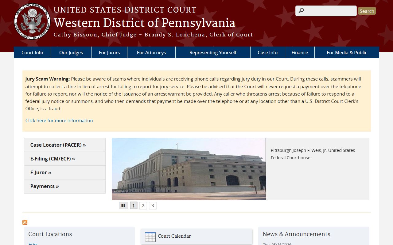 Clearfield County Court of Common Pleas records federal Western District court page
