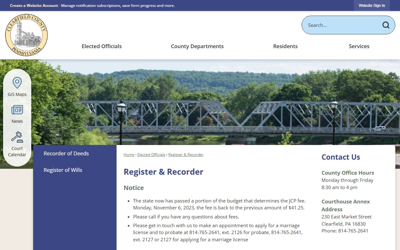 Clearfield County marriage and divorce records Register and Recorder office page