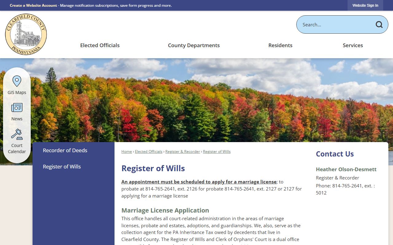 Clearfield County probate records Register of Wills and Clerk of Orphans' Court page