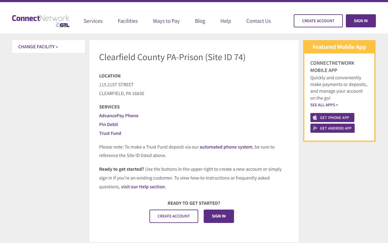 Clearfield County traffic court records ConnectNetwork facility page